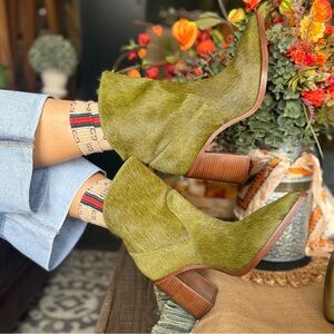 Olive green calf hair leather boot unique green rare boot